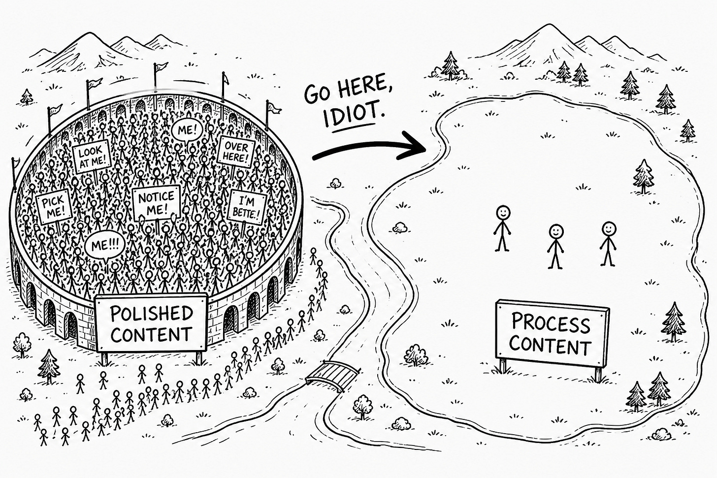 Hand-drawn map comparing two zones: a crowded walled arena labeled Polished Content, packed with stick figures holding signs shouting for attention, versus a wide open peaceful field labeled Process Content with just three relaxed stick figures. An arrow between them reads "Go here, idiot." Illustrates why showing your creative process faces less competition than publishing polished content in creator growth strategy.