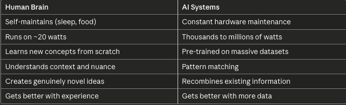 Concise high-level comparison between human brains and LLM agents.