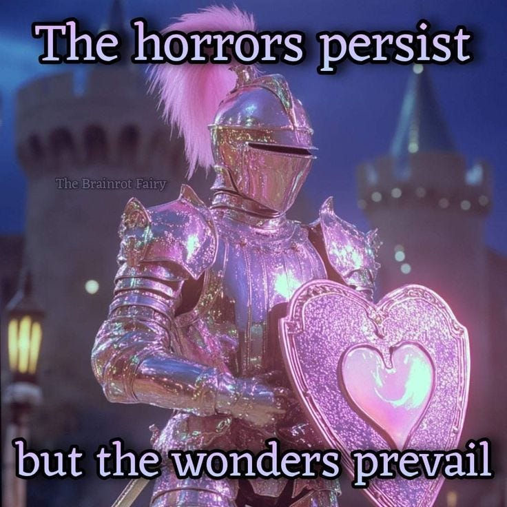 This may contain: a knight holding a heart in front of a castle with the words, the horrors perist but the wonders prevail