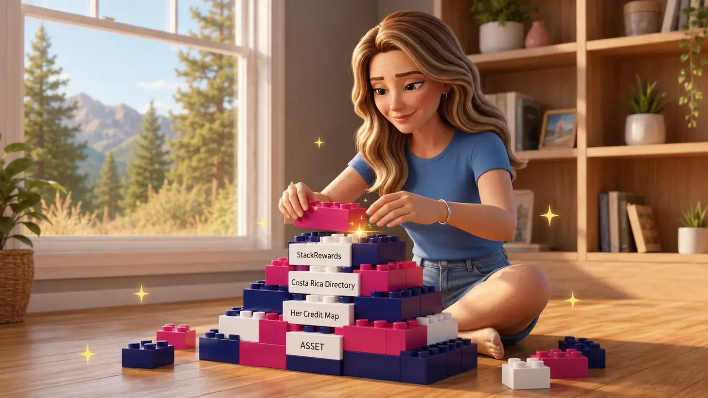 Woman building a sturdy structure from toy bricks labeled StackRewards, Costa Rica Directory, Her Credit Map, and ASSET, illustrating building assets with AI Woman building a sturdy structure from toy bricks labeled StackRewards, Costa Rica Directory, Her Credit Map, and ASSET, illustrating building assets with AI