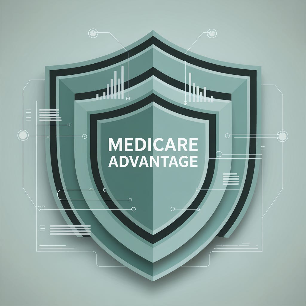 “Illustration of a stylized shield labeled ‘Medicare Advantage,’ surrounded by abstract data lines and interface elements. Symbolizes MA’s role as a protective and data-rich component of the Medicare system.”