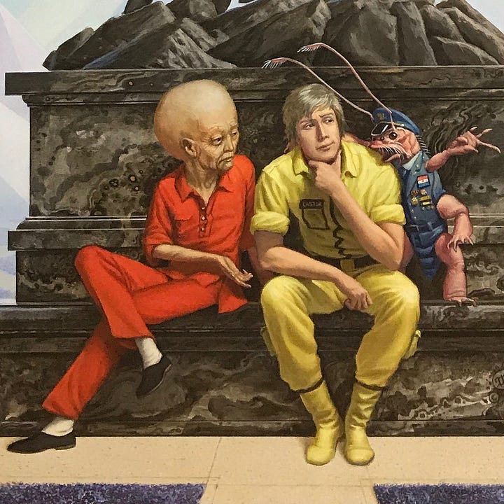 LEFT: Figure detail from BLACK STAR RISING featuring a man seated in front of a monument as a shrimp-like alien in police uniform gives him an earful. The artist’s sigil—the stylized letters M and W combined within a circle—is hidden in the waves of marble along with a copyright symbol and ’89’.  RIGHT: Detail from BLACK STAR RISING featuring a statue homage to the Marine Corps War Memorial commemorating Iwo Jima except four shrimp-like alien creatures are planting the flag at Iwo Jima.