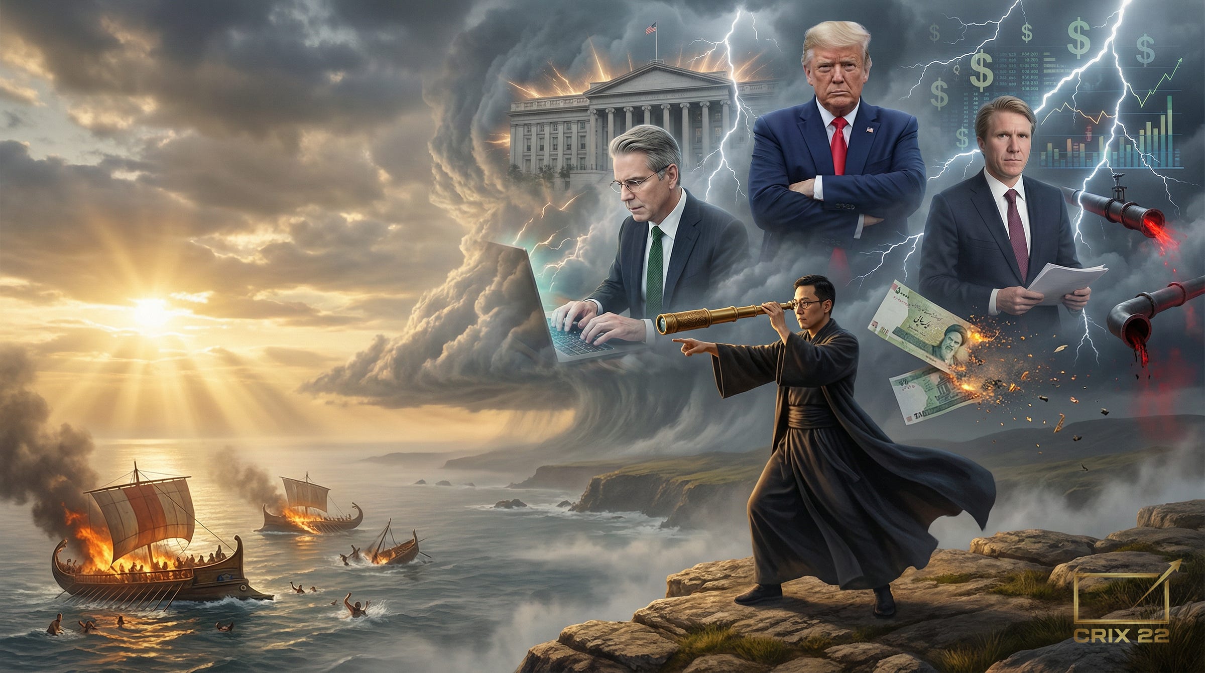 Prophet Jiang stands on a rocky ledge over the ocean, peering through a telescope at distant burning ships, while cracks glow with lava beneath his feet in a Crix22‑style metaphor for the unseen economic war.