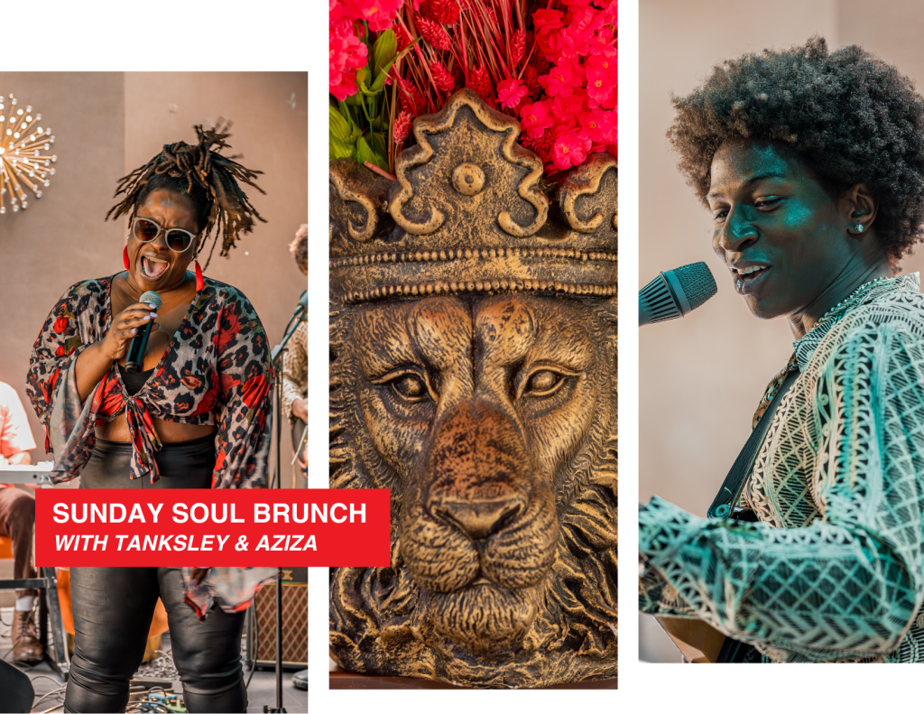 A collage of sunday soul brunch performers and the opulent's decor (from left to right) Aziza Nailah, a statue of a lion, and Tanksley A collage of sunday soul brunch performers and the opulent's decor (from left to right) Aziza Nailah, a statue of a lion, and Tanksley