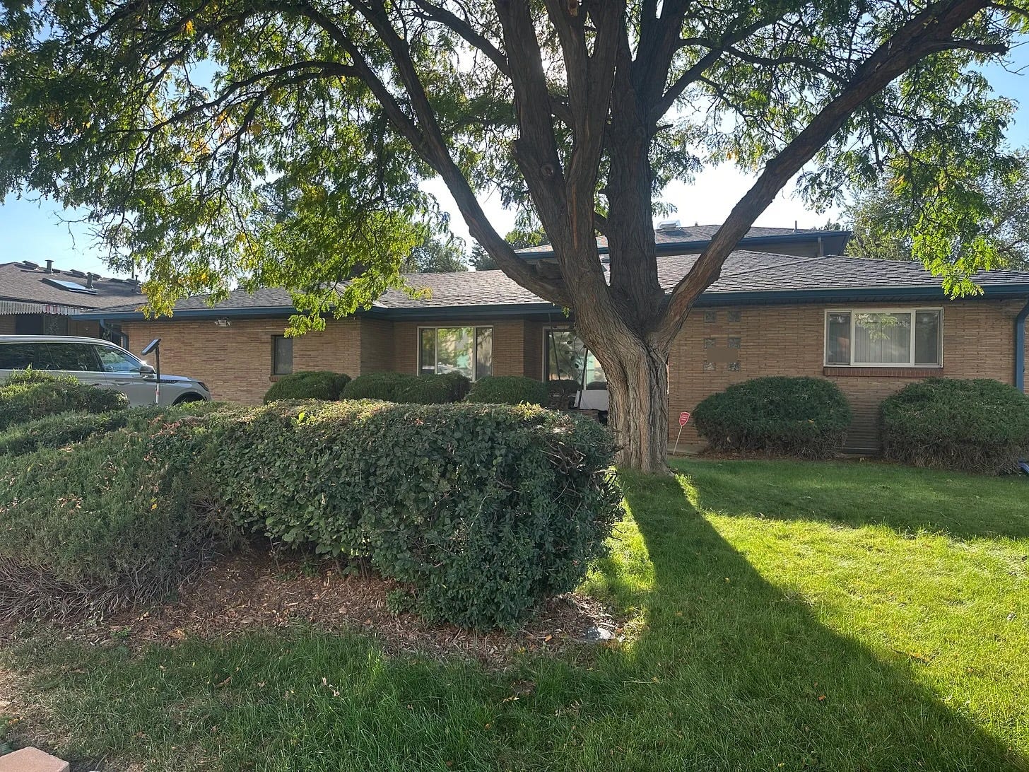 A ranch-style brick house with a large picture window, glass block windows, a front lawn, and a tree.