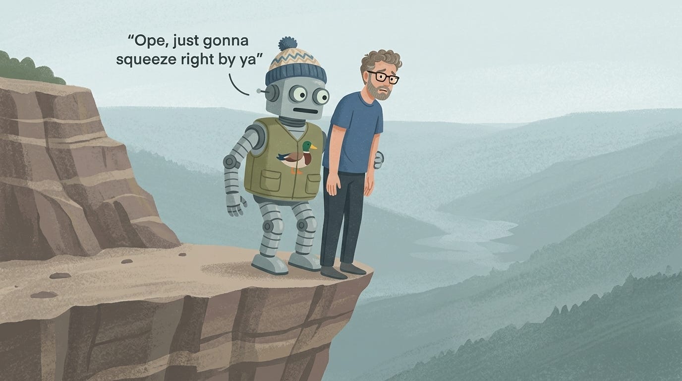 A robot in a bobble hat and a duck-print vest stands next to me on a clifftop, saying "Ope, just gonna squeeze right by ya". The robot looks like he's trying to push me off the cliff, not squeeze past me.