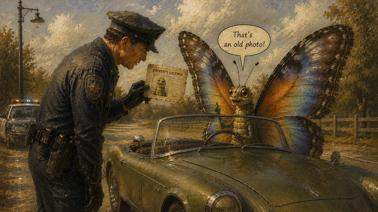 A painterly surreal roadside scene in daylight. A police officer leans toward a vintage green convertible stopped on a country road, holding up a worn driver's licence. The licence displays a smiling caterpillar portrait. Behind the wheel sits a large butterfly with fully opened iridescent wings in shades of blue, amber, and violet. A speech bubble above the butterfly reads, “That’s an old photo!” A police car waits in the background beneath a bright sky with scattered clouds. A painterly surreal roadside scene in daylight. A police officer leans toward a vintage green convertible stopped on a country road, holding up a worn driver's licence. The licence displays a smiling caterpillar portrait. Behind the wheel sits a large butterfly with fully opened iridescent wings in shades of blue, amber, and violet. A speech bubble above the butterfly reads, “That’s an old photo!” A police car waits in the background beneath a bright sky with scattered clouds.