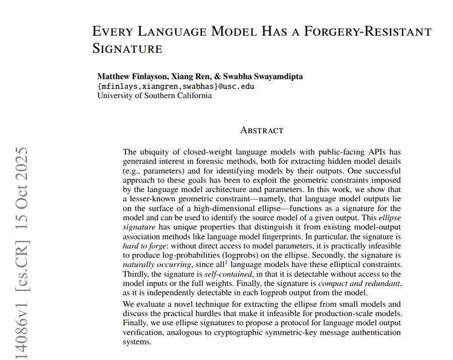 Academic paper abstract titled Every Language Model Has a Forgery-Resistant Signature by authors Matthew Finlayson, Xiang Ren, Swabha Swayamdipta from University of Southern California. Text discusses ubiquity of closed-weight language models with public-facing APIs, parameters in forensic methods extracting hidden structure, lower-dimensional geometric structure in outputs for identifying model source, forging without access to full weights, detecting compact and robust signatures, evaluating novel techniques for production-scale models, elucidating geometric signatures for verification systems. Includes arXiv identifier 2510.14086 and date October 15, 2024.