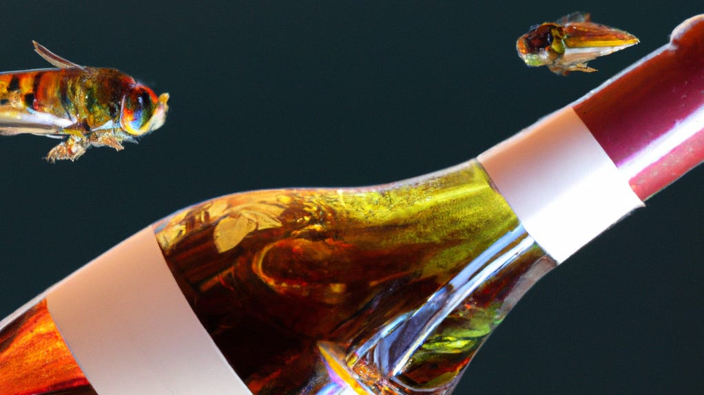 bees dressed as fish swimming around an iridescent wine bottle bees dressed as fish swimming around an iridescent wine bottle