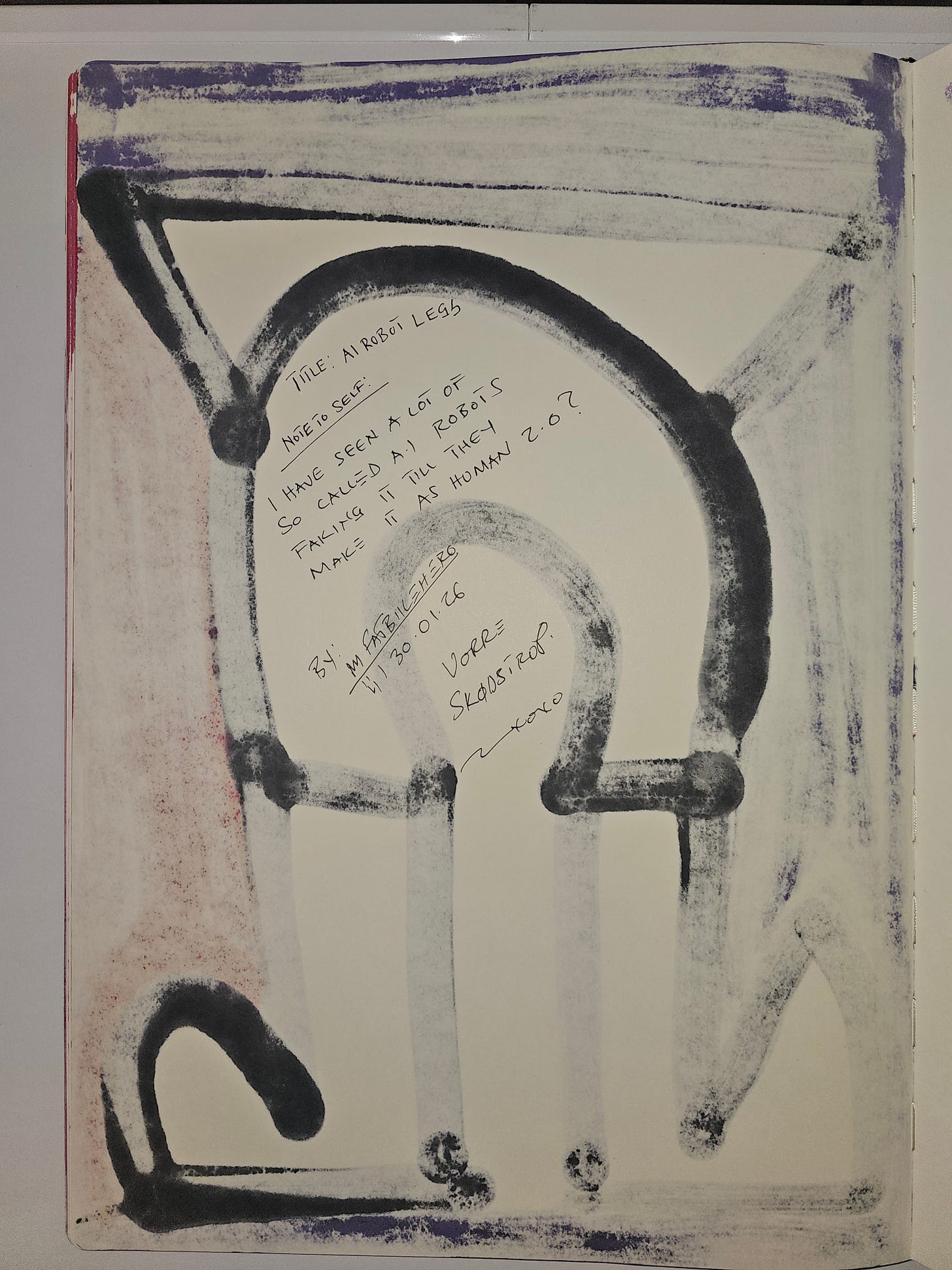 Verso: Human-made abstract artwork depicting robotic legs enclosed in a geometric frame, critiquing artificial intelligence. Verso: Human-made abstract artwork depicting robotic legs enclosed in a geometric frame, critiquing artificial intelligence.