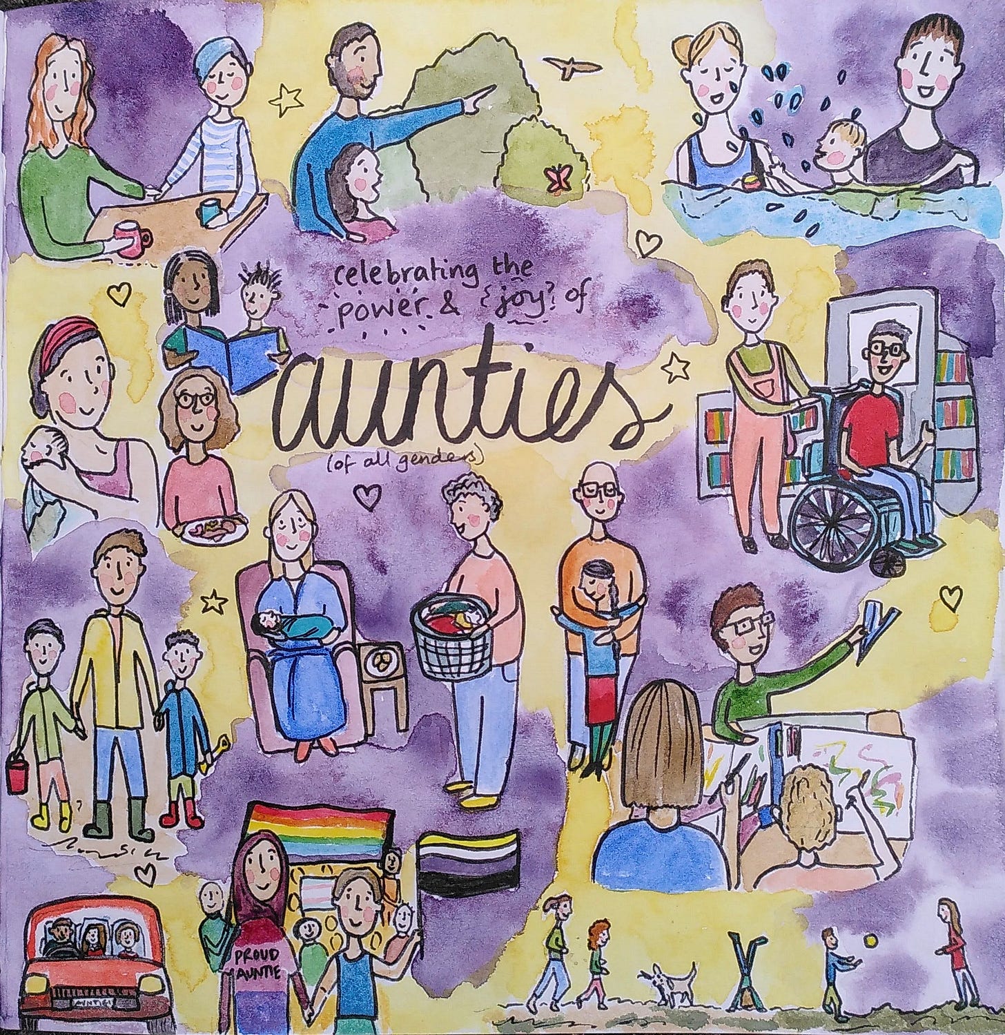 A colorful watercolor illustration celebrating aunties of all genders. The artwork shows diverse people engaged in caring activities like sharing meals, swimming, reading in a library, cooking, caring for children, creating art, and walking dogs. Purple and yellow watercolor washes form the background, with hearts and stars scattered throughout. Central text reads 'celebrating the power & joy of aunties (of all genders)' in flowing script.