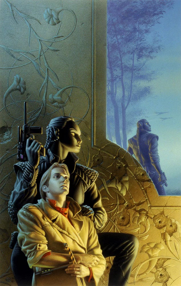 Dramatically lit by warm light, an alien with onyx skin stands close guard with hand on the shoulder of a human male who protectively clutches his shoulder bag. With the unfixed gaze of the blind, the man is staring out as if he's listening while seeing nothing. His guard holds up a futuristic pistol as she spies around the corner to see a male of her species with a long braid running down his back. He wears similar black leather with flaring shoulders. Past the thin tree cover, two jets streak past. In shallow relief on the wall that provides cover, flowers flourish on curling stems, but the facade is riddled with a dozen bullet holes. Dramatically lit by warm light, an alien with onyx skin stands close guard with hand on the shoulder of a human male who protectively clutches his shoulder bag. With the unfixed gaze of the blind, the man is staring out as if he's listening while seeing nothing. His guard holds up a futuristic pistol as she spies around the corner to see a male of her species with a long braid running down his back. He wears similar black leather with flaring shoulders. Past the thin tree cover, two jets streak past. In shallow relief on the wall that provides cover, flowers flourish on curling stems, but the facade is riddled with a dozen bullet holes.