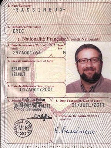 Israeli American Zev Barkan in disguise on his forged French passport using the name Eric Rassineux