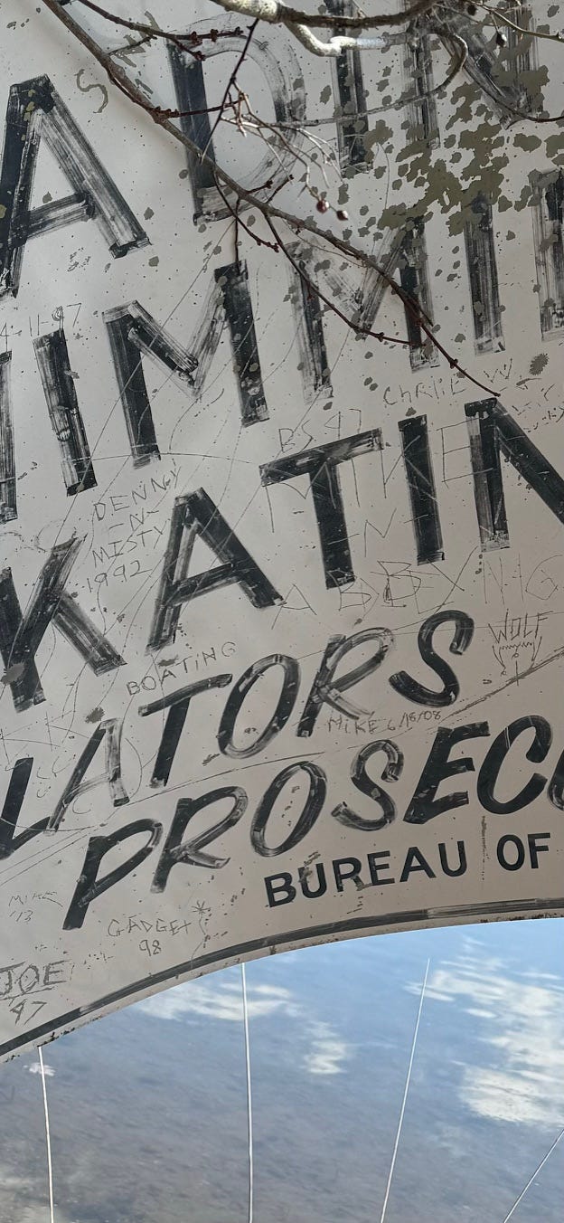 Cropped picture of a sign that's been shot up with buck shot and scribbled on by probably generations of teenagers. One guy drew wolf canines. Sign is partly submerged in water and branches block the letters.