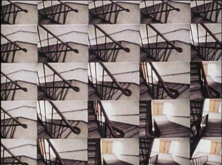 the same shot walking down a stairwell plays out in a 5x5 grid where each square is timed slightly differently