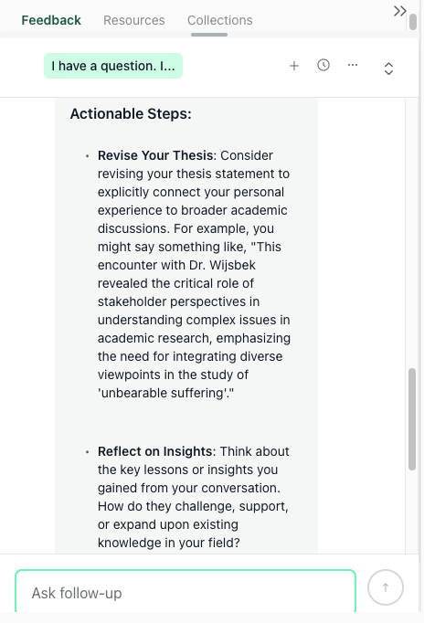 Actionable steps from Theo Actionable steps from chat with Theo turn feedback into concrete revision tasks, including a sample thesis rewrite and reflection prompts.