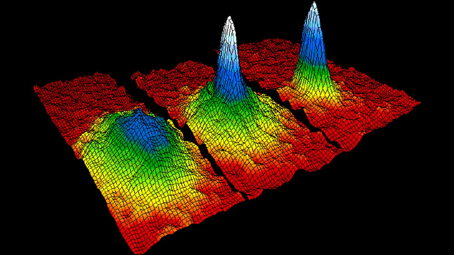 Velocity-distribution data (3 views) for gas of rubidium atoms, confirming the discovery of a new phase of matter, the Bose–Einstein condensate. Left: just before the appearance of a Bose–Einstein condensate. Center: just after the appearance of the condensate. Right: after further evaporation, leaving a sample of nearly pure condensate. Velocity-distribution data (3 views) for gas of rubidium atoms, confirming the discovery of a new phase of matter, the Bose–Einstein condensate. Left: just before the appearance of a Bose–Einstein condensate. Center: just after the appearance of the condensate. Right: after further evaporation, leaving a sample of nearly pure condensate.