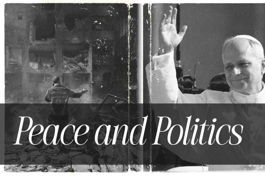 # Alt Text A split-panel black and white photograph showing on the left a person in a jacket standing amid rubble and destruction, and on the right a man in white robes waving, with a hand visible above pressing against glass.