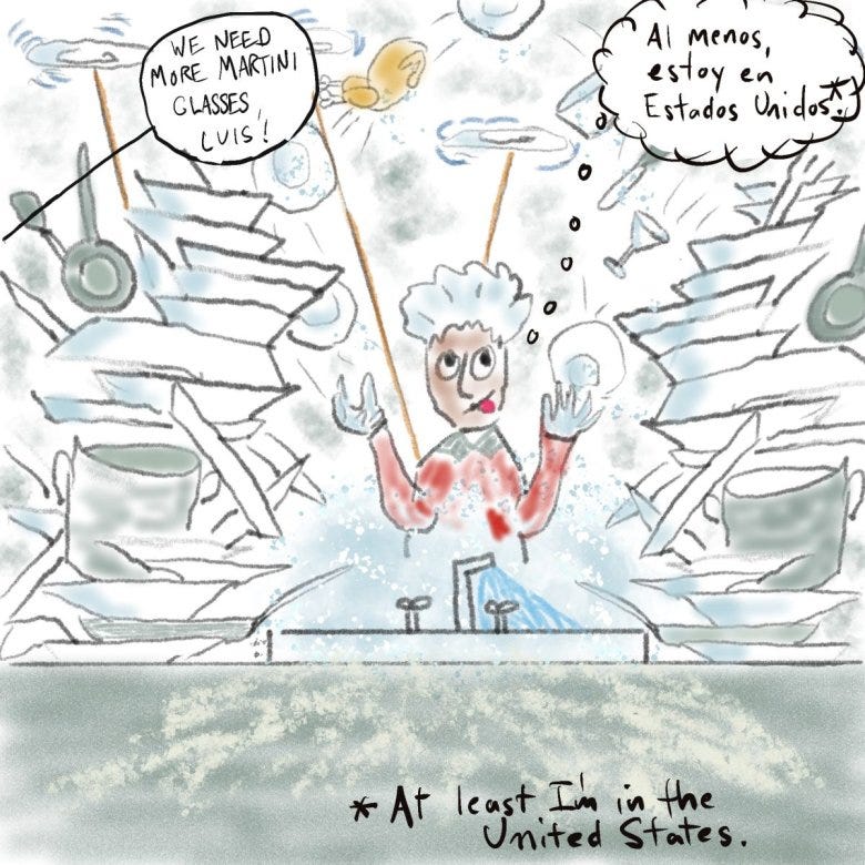 A cartoon image of a dish washer juggling plates, and a chicken, with a sound bubble yelling things including "we need more martini glasses" and a thought bubble of the worker saying, in Spanish, "At least I'm in the United States."