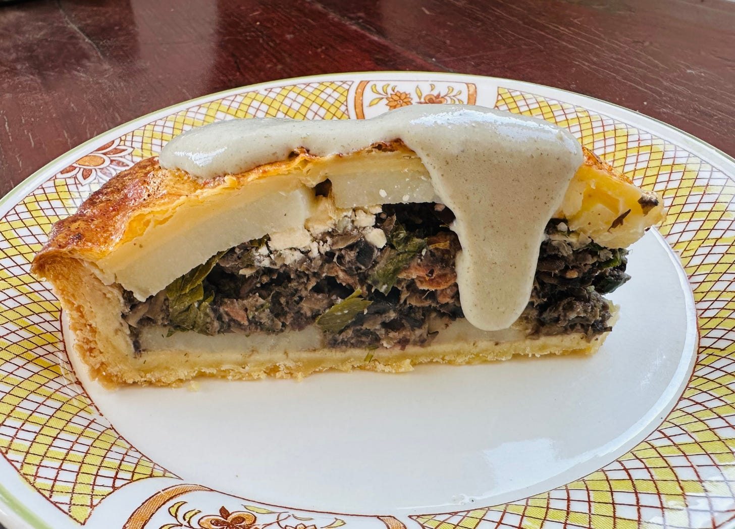 Mushroom and potato pie with mushroom custard cream