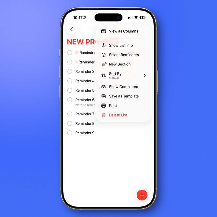 Apple Reminders options menu on iPhone highlighting the “View as Columns” setting to enable Column View. Apple Reminders options menu on iPhone highlighting the “View as Columns” setting to enable Column View.