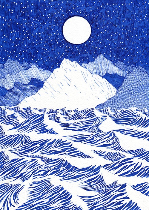 The full moon rises into the star-filled sky over a landscape of blue and white snowdrifts that look like waves. In the distance the mountain peaks rise to meet it. The full moon rises into the star-filled sky over a landscape of blue and white snowdrifts that look like waves. In the distance the mountain peaks rise to meet it.