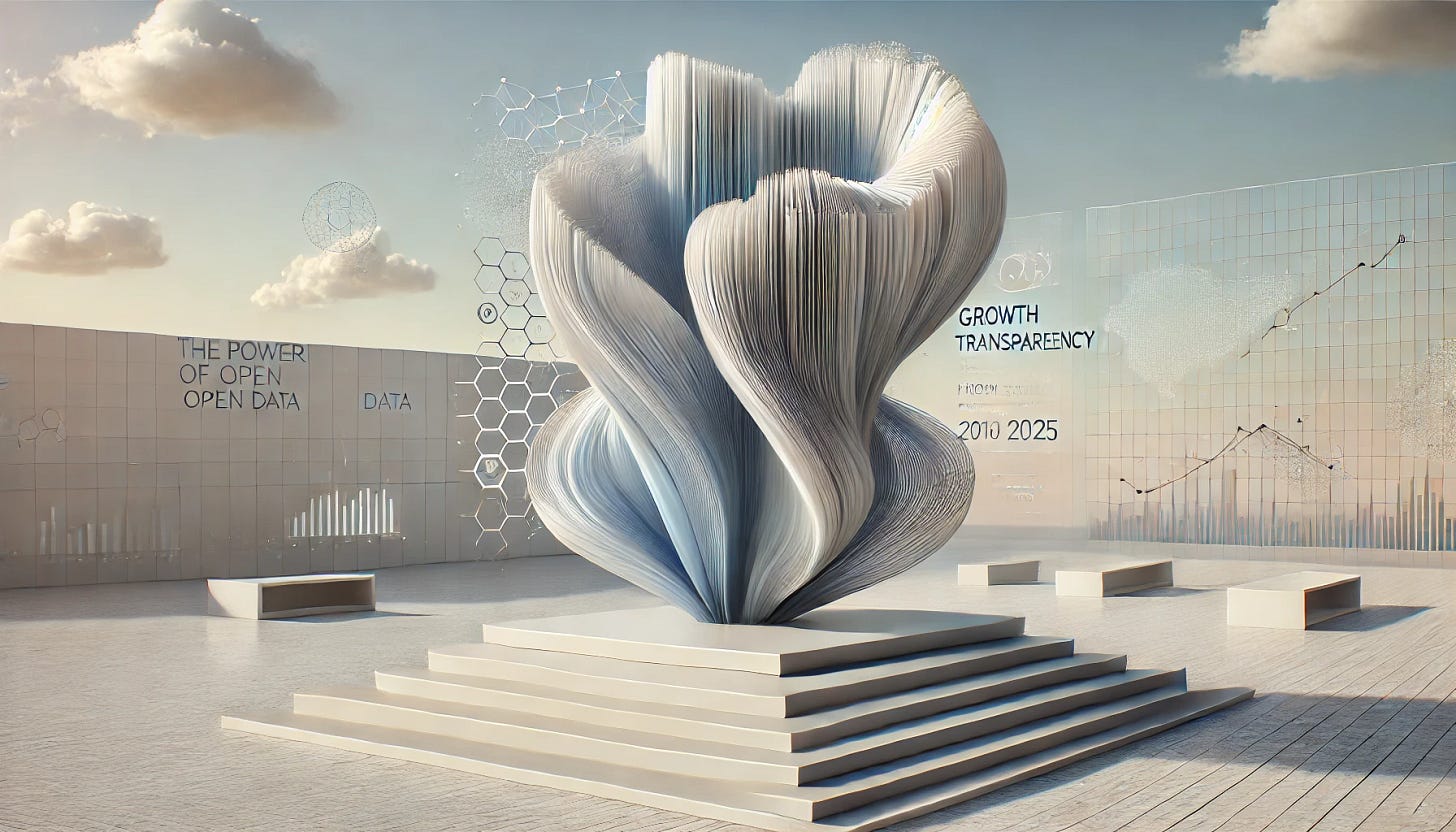 Futuristic sculpture resembling an open data flower made of digital sheets, placed on a stepped platform. Surrounding graphs and text emphasize transparency, growth, and the power of open data from 2010 to 2025.