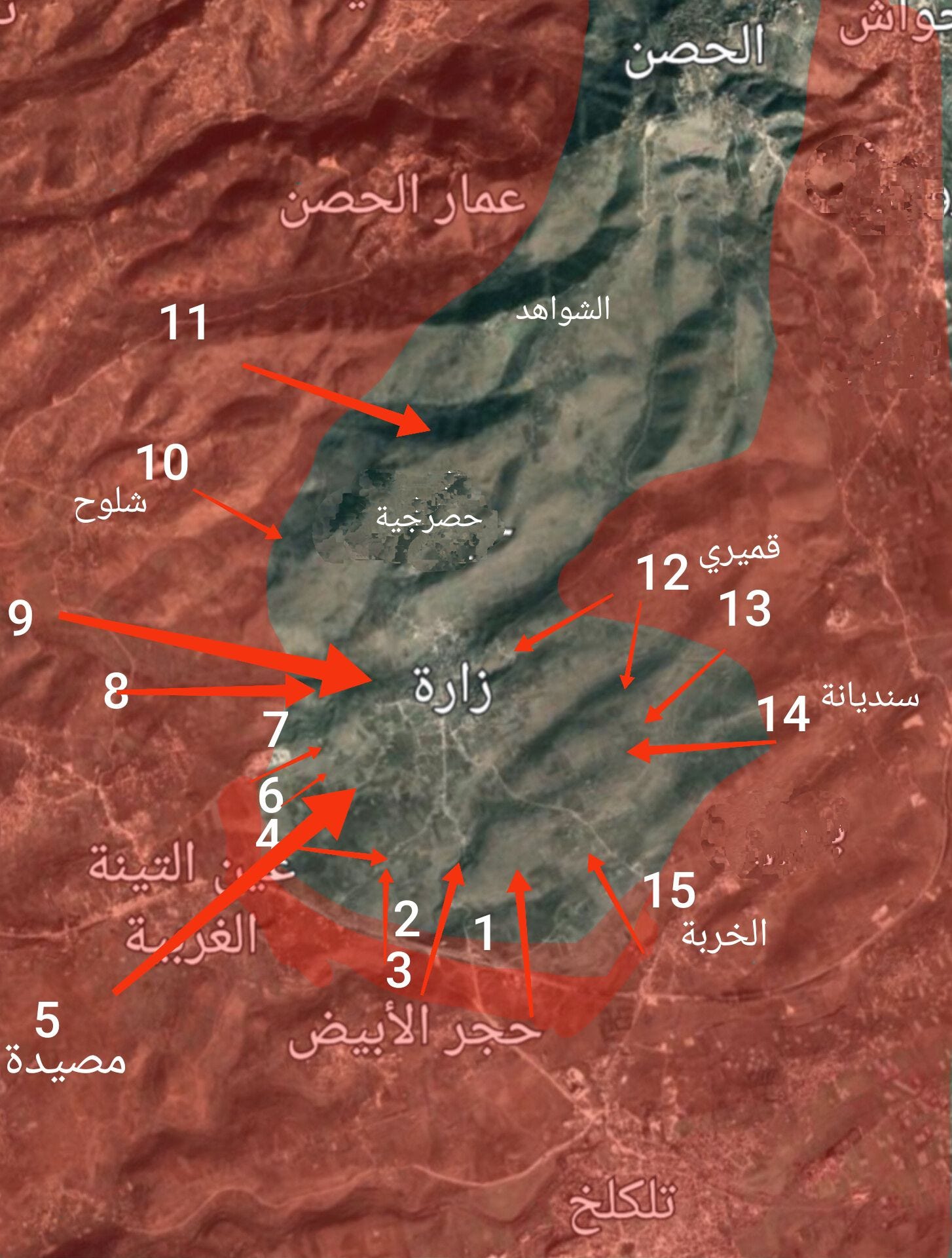 May be an image of ‎map and ‎text that says '‎جواش الحصن عمار الحِصن dle 11 الشو اهد 10 شلوح حصر جية حصرجية 9 8 قميري 12 13 زارة 6 سندي سنديانة 14 5 مصيدة 15 1/11 التينة الخربة 11 3 الغرسة حجر الأبيض تلكلخ‎'‎‎