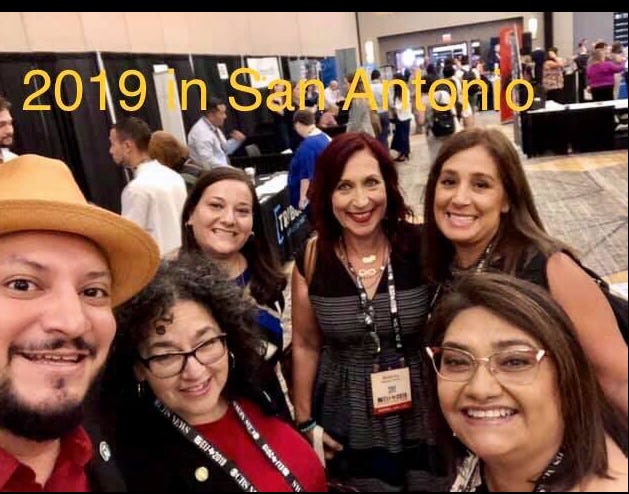 From left to right, Diana R. “Dee Dee” Fuentes and Mc Nelly with San Antonio Express-News colleagues and late husband (third picture) while attending UNITY in Washington, D.C., in 2004 and at the NAHJ conference in San Antonio in 2019. (Mc Nelly Torres | Don’t Forget My Voice)