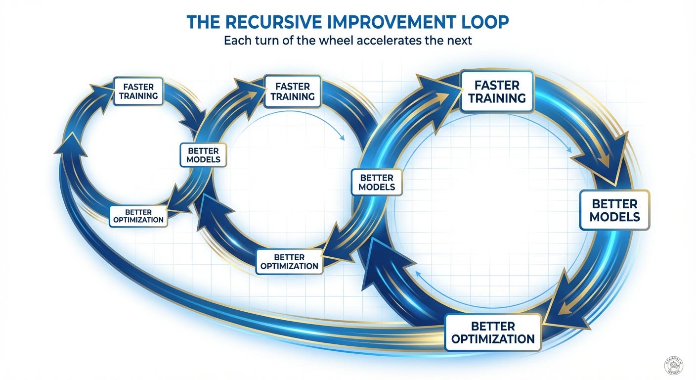 Glowing flywheel accelerating with each rotation: faster training produces better models which produce better optimization which produces faster training, recursive self-improvement loop visualization, each turn of the wheel visibly accelerating the next, momentum building exponentially Glowing flywheel accelerating with each rotation: faster training produces better models which produce better optimization which produces faster training, recursive self-improvement loop visualization, each turn of the wheel visibly accelerating the next, momentum building exponentially