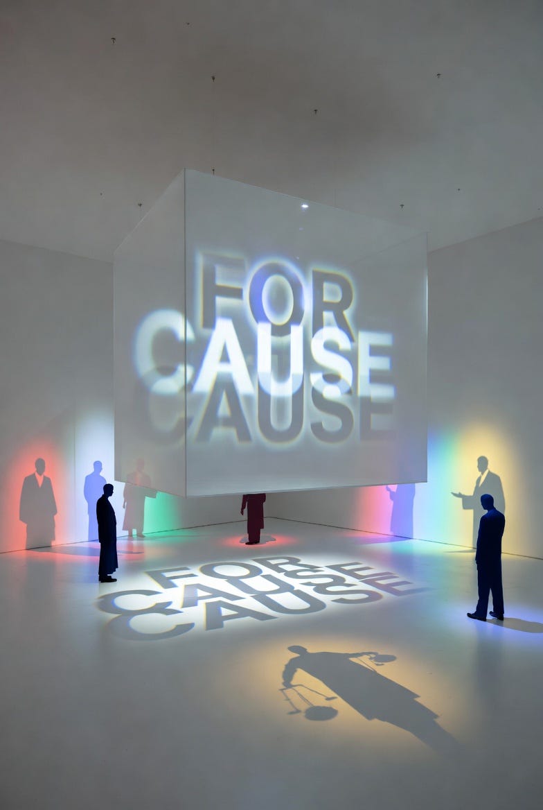 A contemporary art installation in a minimalist gallery, featuring a suspended glass cube with "FOR CAUSE" text and silhouetted Supreme Court justices casting colored lights. A contemporary art installation in a minimalist gallery, featuring a suspended glass cube with "FOR CAUSE" text and silhouetted Supreme Court justices casting colored lights.