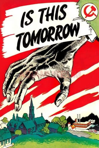 Hand holding “IS THIS TOMORROW” banner over red-waved village scene with church and Soviet Red star on cover.