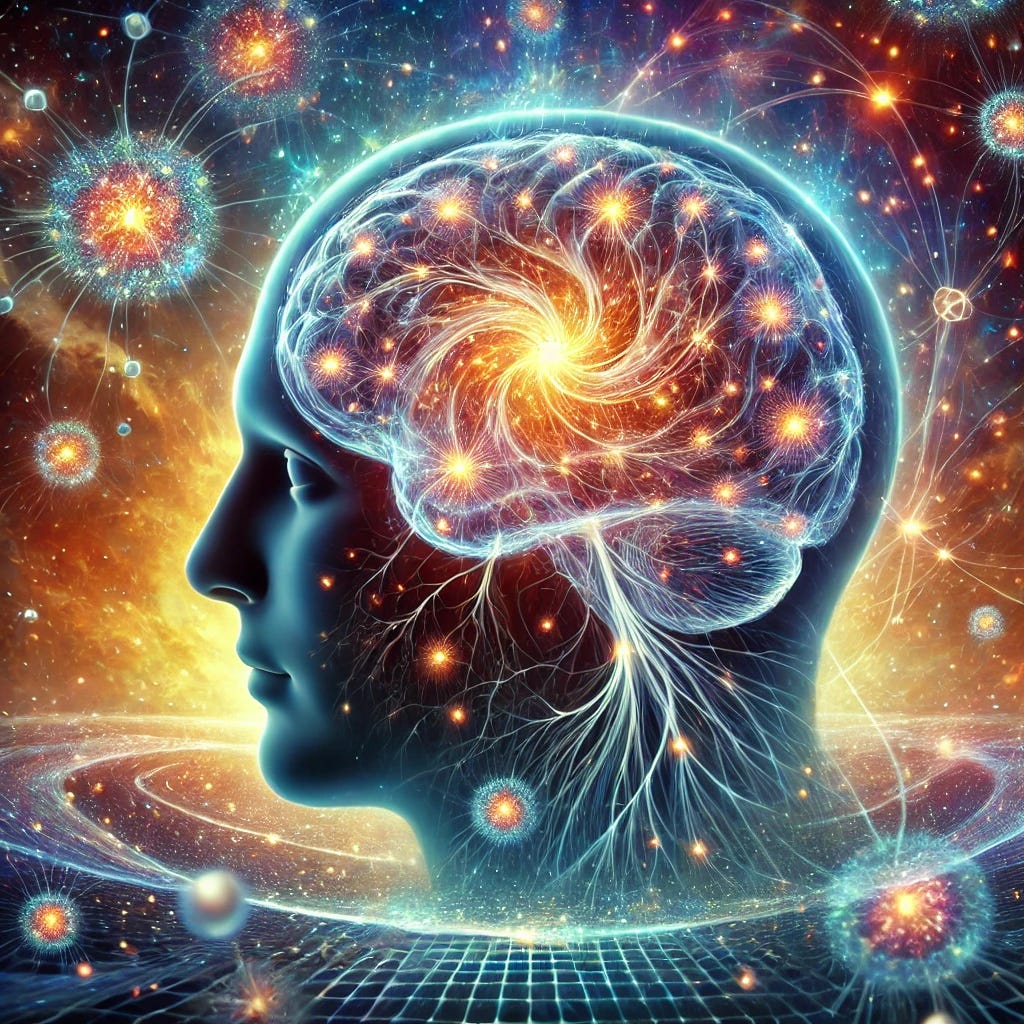 A visionary digital painting of quantum consciousness. A human brain seamlessly intertwined with glowing quantum waves, particles, and entangled photons. Microtubules inside neurons shimmer with quantum energy, hinting at hidden layers of cognition. The background features a cosmic landscape, illustrating the mind’s connection to the universe. The artwork is surreal, with a fusion of neuroscience and quantum mechanics, symbolizing the mystery of consciousness.