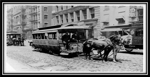 Beginning operation in 1832, horse-drawn streetcars were the earliest form of rail transit in New York City. One or two horses would pull lightweight streetcars over tracks embedded in the street. The