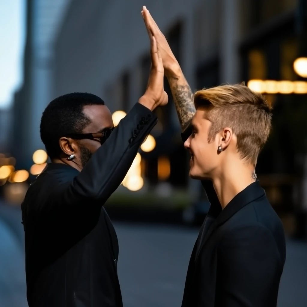 Sean Puffy Combs giving Justin Beiber a high five
