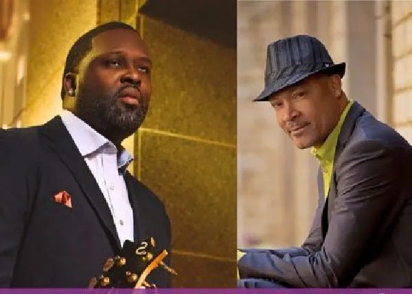 May be an image of 2 people, beard, trumpet, suit and saxophone