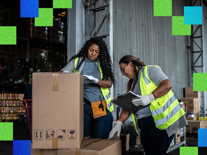 Warehouse workers checking boxes. Warehouse workers checking boxes.