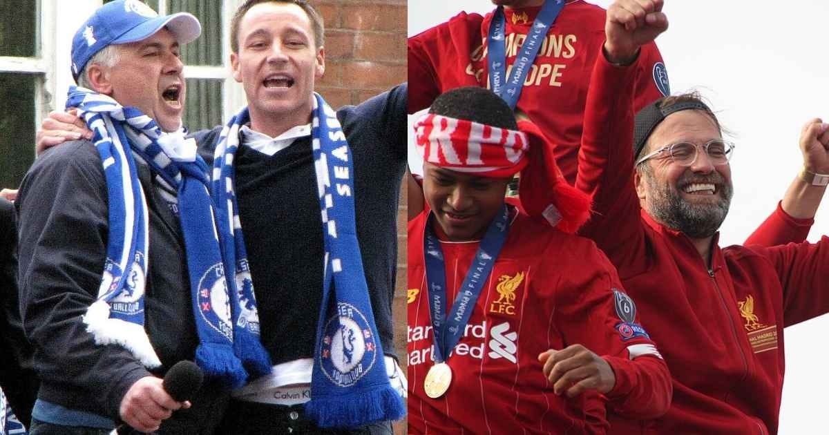 Carlo Ancelotti and Jurgen Klopp celebrating with players Carlo Ancelotti and Jurgen Klopp celebrating with players