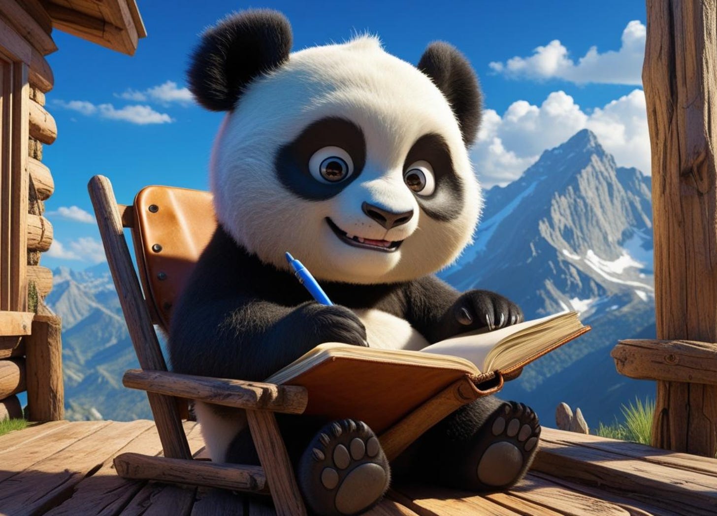Illustration of a cartoon panda writing in a journal while sitting in a chair on the porch of a small cabin which is on the side of a mountain