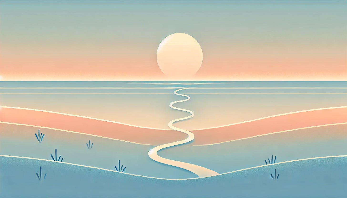 A minimalistic landscape illustration depicting a calm and balanced environment, suitable for an article on design philosophy. The scene shows a serene horizon with soft gradients transitioning from light blue to peach tones, symbolizing clarity and evolution. A single winding path runs through a gently rolling field, suggesting adaptability and iteration. The style is simple and modern, with clean lines and muted colors, avoiding any overly artificial or exaggerated details.