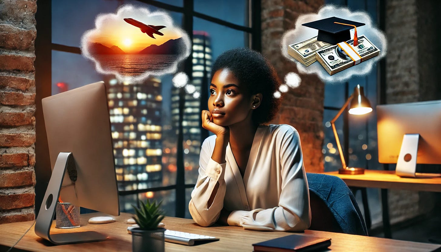 A young African female worker sitting at her desk in a modern office, gazing out of the window with a thoughtful expression. Above her head, dream-like thought bubbles depict her aspirations: one showing an adventurous travel scene with mountains and a passport, another with stacks of money symbolizing financial success, and a third with books and a graduation cap representing academic achievement. The scene is illuminated by warm, motivational lighting, emphasizing her ambition and hopes for the future.