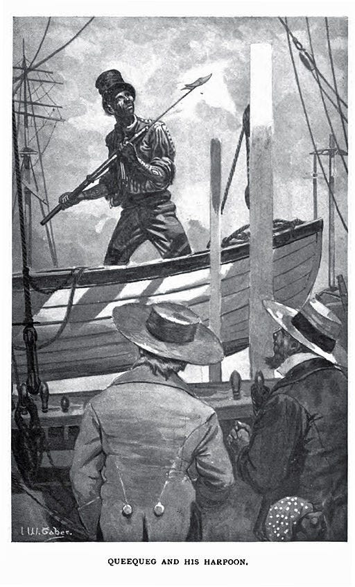 Queequeg standing on a boat before it is to be lowered while two men in broad-brimmed hats watch.