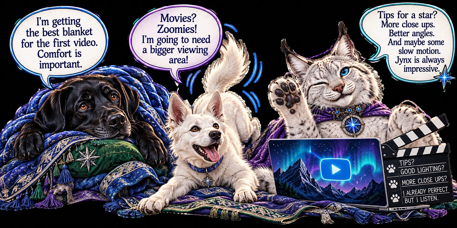 Barrow getting his best blanket for the viewing. Spirit needing a bigger viewing area so she can do zoomies and Jynx giving his movie start tips. Barrow getting his best blanket for the viewing. Spirit needing a bigger viewing area so she can do zoomies and Jynx giving his movie start tips.