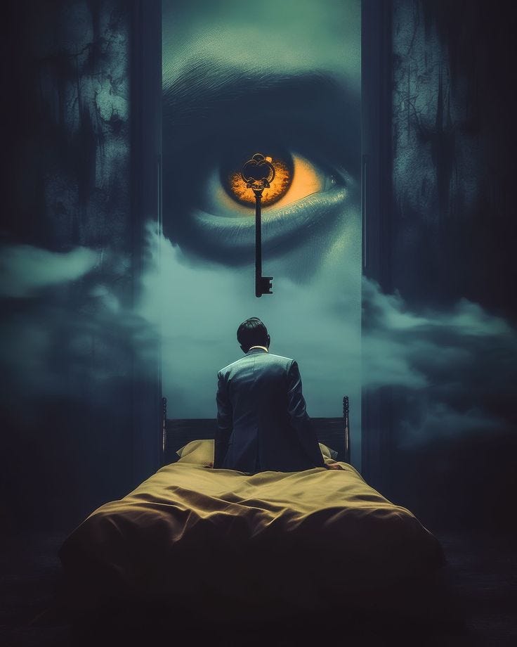 This may contain: a man sitting on top of a bed in front of an eye