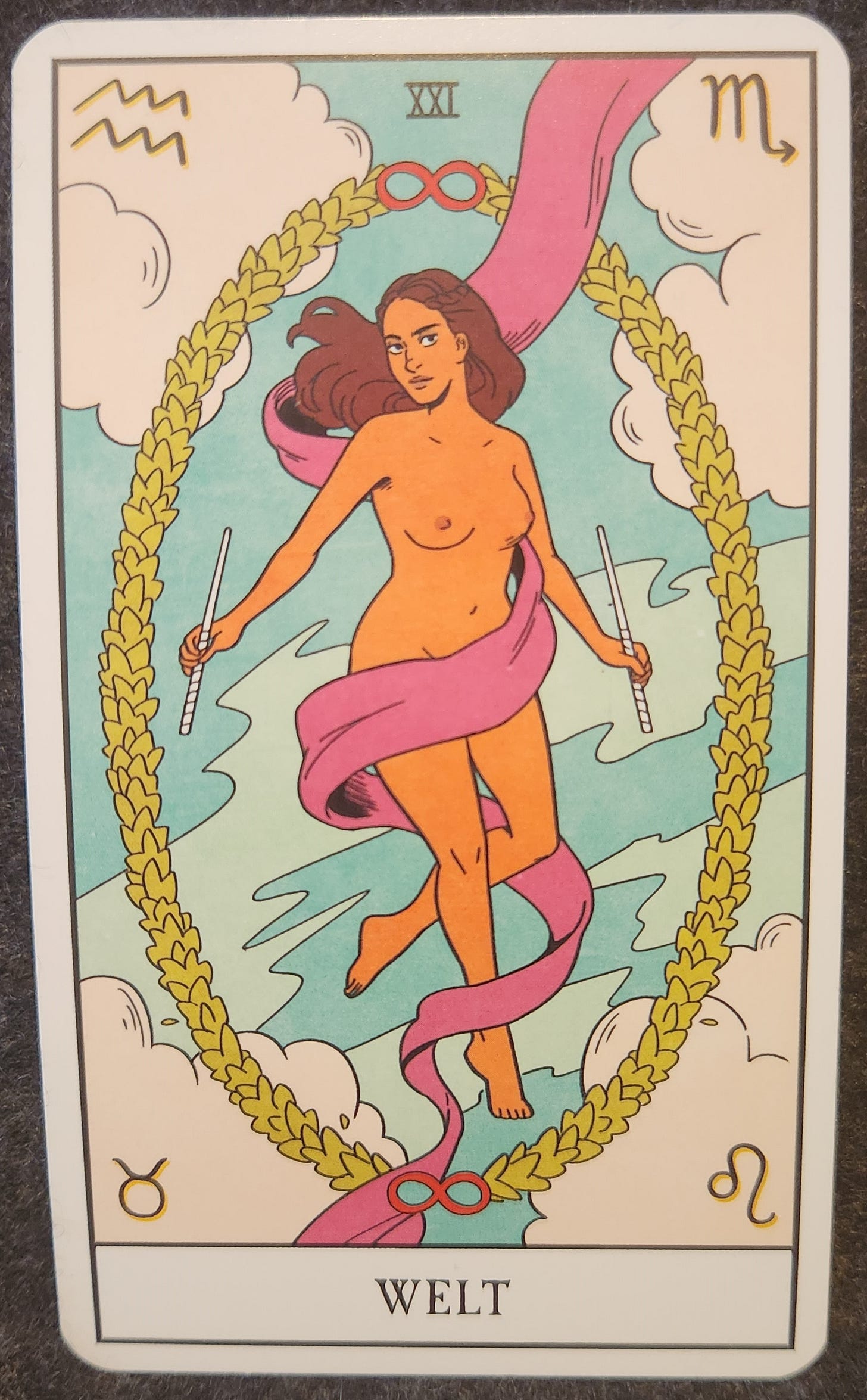 A tarot card labelled XXI Welt. A naked woman draped in a pink sash and floating in the sky. She is holding a white wand in each hand. Around her is a ring of leaves; at the top and bottom of the ring is an infinity symbol. Behind her, there are clouds in the sky and astrological symbols for Aquarius, Scorpio, Leo and Taurus. 