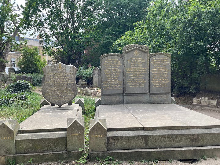 Large gravestones in the shape of the Salvation Army’s shield logo