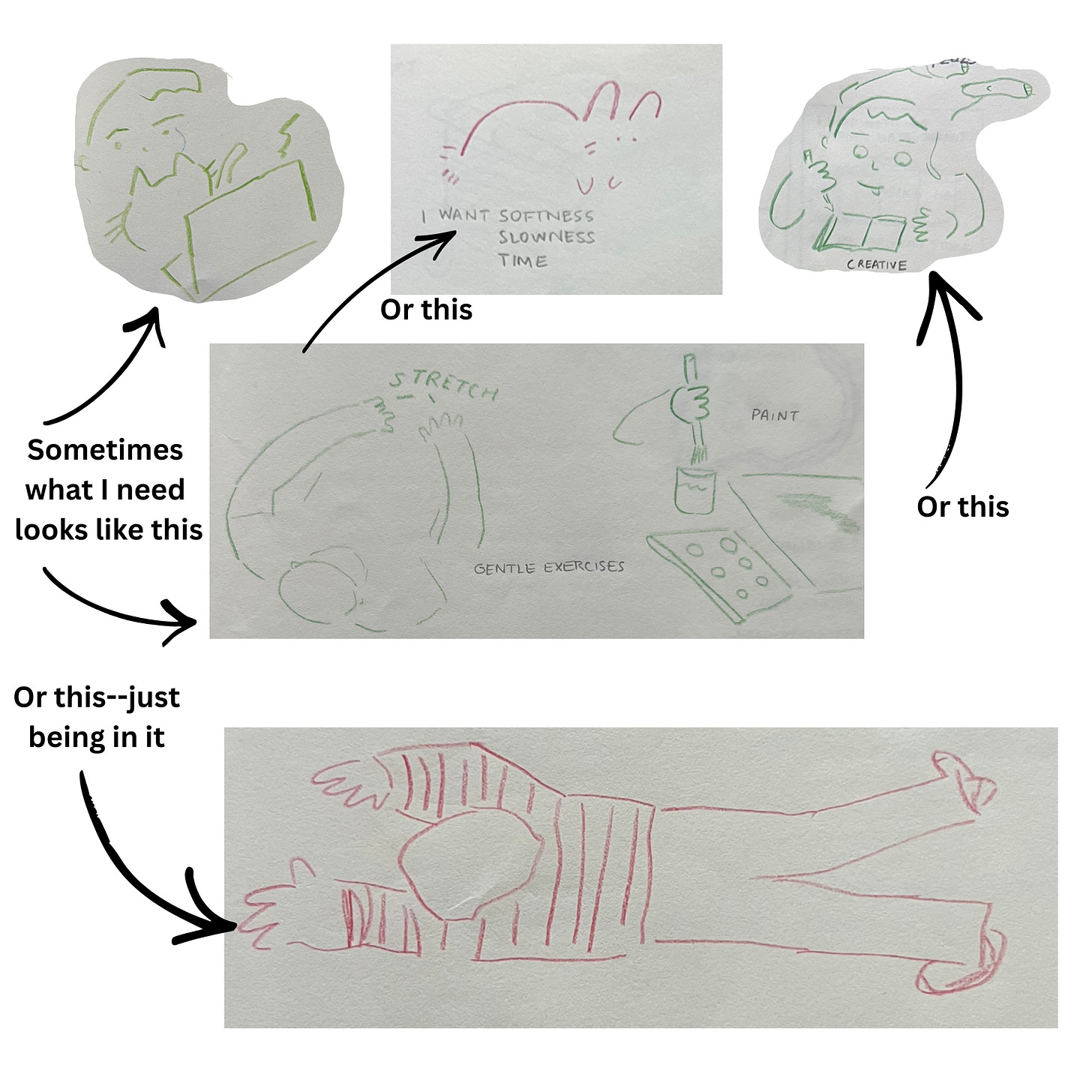 small drawn images of artist & cat on laptop, bunny, artist drawing, stretching, sprawled on floor, and painting