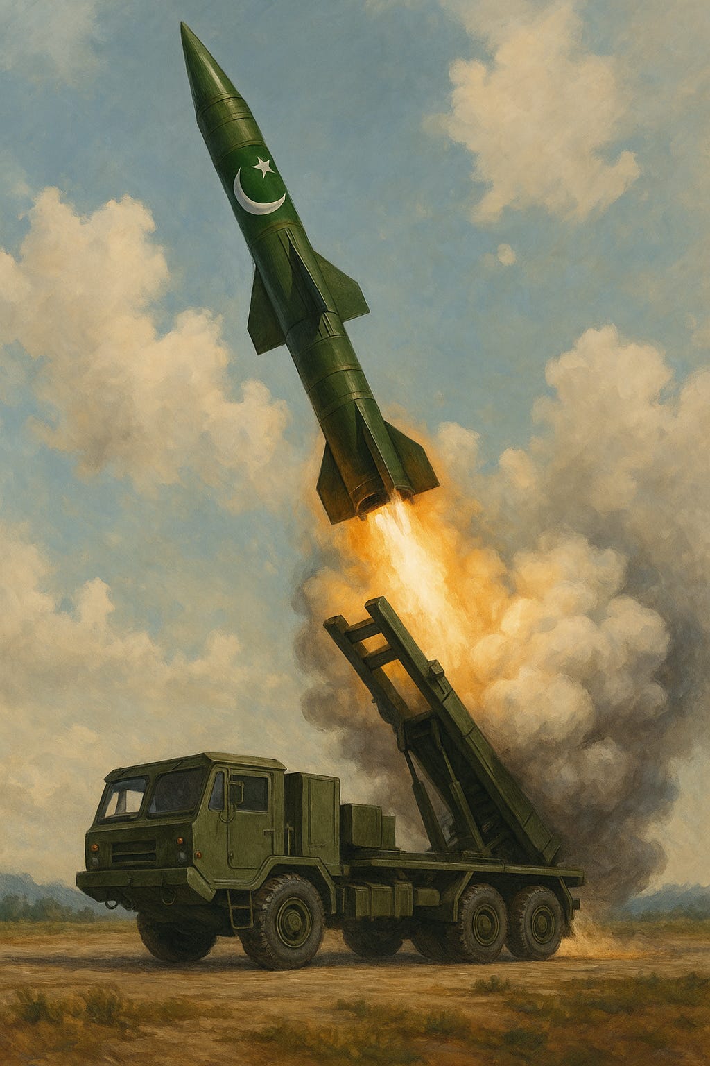 "Pakistani ballistic missile launching from a mobile platform during Operation Bunyan al Marsous 2025 conflict, with green body and national flag."