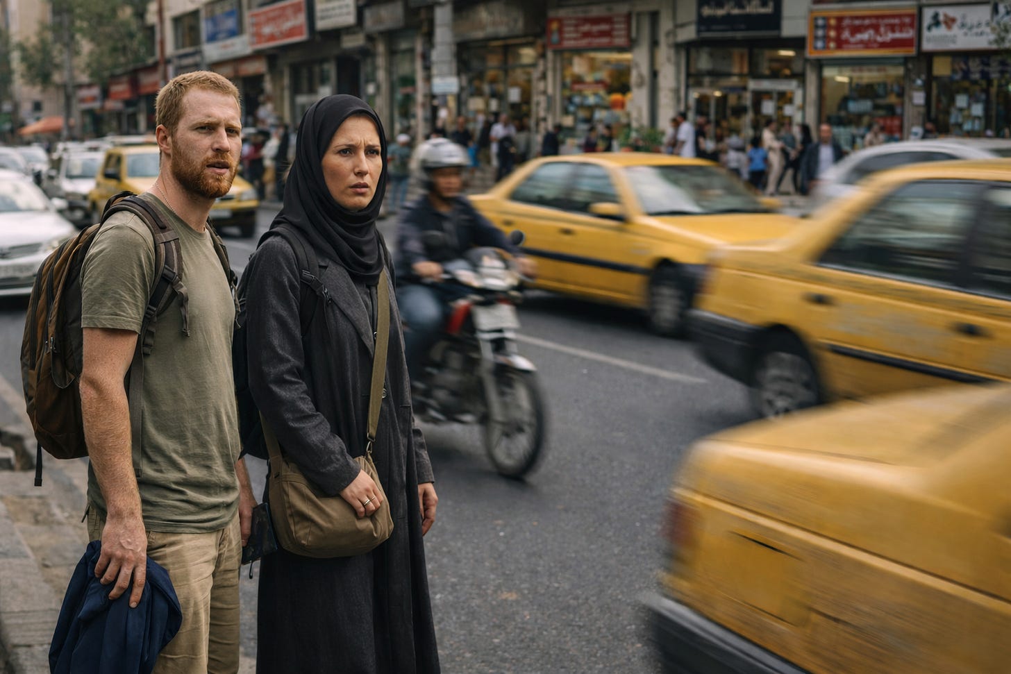 Two foreigners wait for a taxi on a busy Tehran street in an AI-generated image