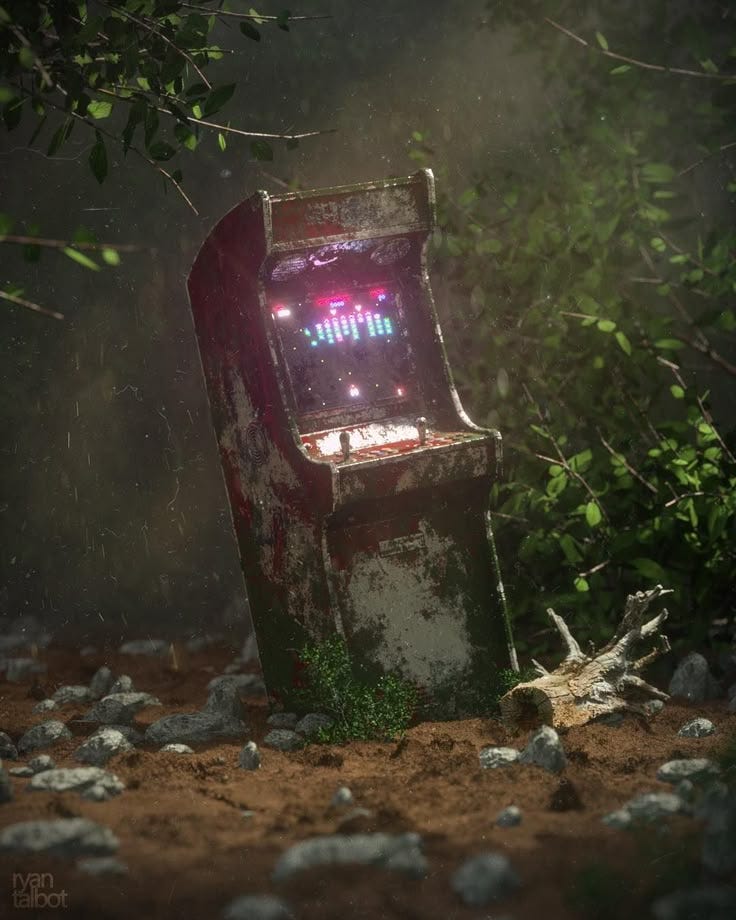 This may contain: an old arcade machine sitting on top of a dirt ground next to trees and rocks
